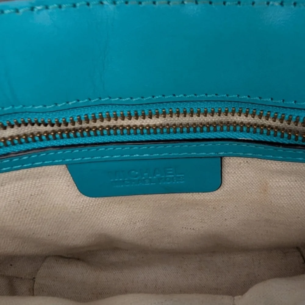 Michael Kors Santorini Straw Handbag Double Teal Leather Gold Chain Straps Rare - Picture 9 of 9